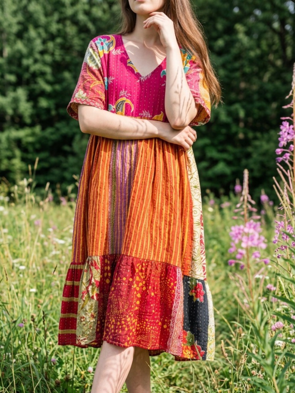 Kantha colorful Boho Patchwork Midi Dress - Multicolor Floral & Stripe